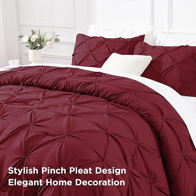 Andency Burgundy Comforter Set Twin(66x90Inch), 2 Pieces(1 Pinch Pleat Comforter and 1 Pillowcase) Pintuck Comforter Set, Soft Lightweight Microfiber Down Alternative Bedding Comforter Set