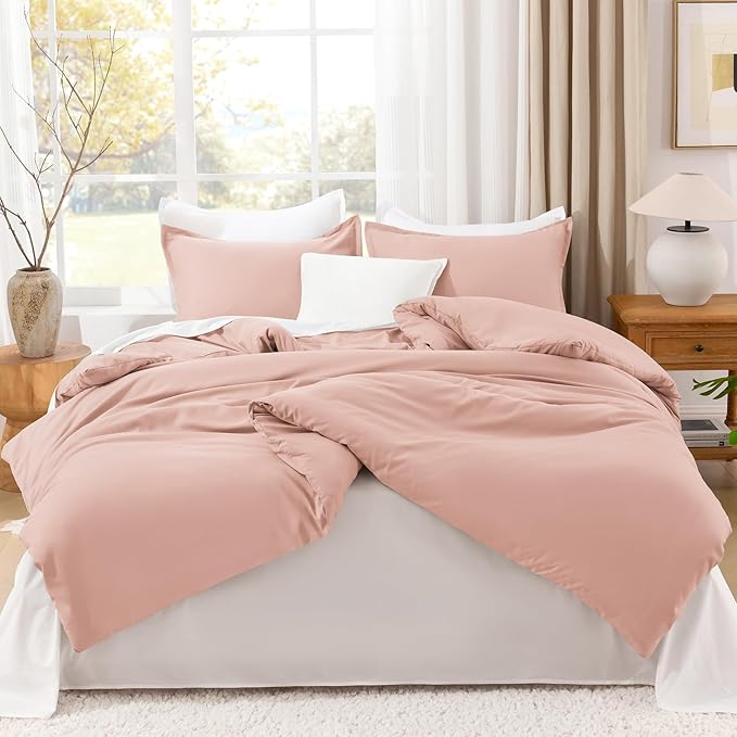 Litanika Comforter Set, Lightweight Solid Bedding Comforter Set, Fluffy Down Alternative Bed Set, Blush Pink, Super King