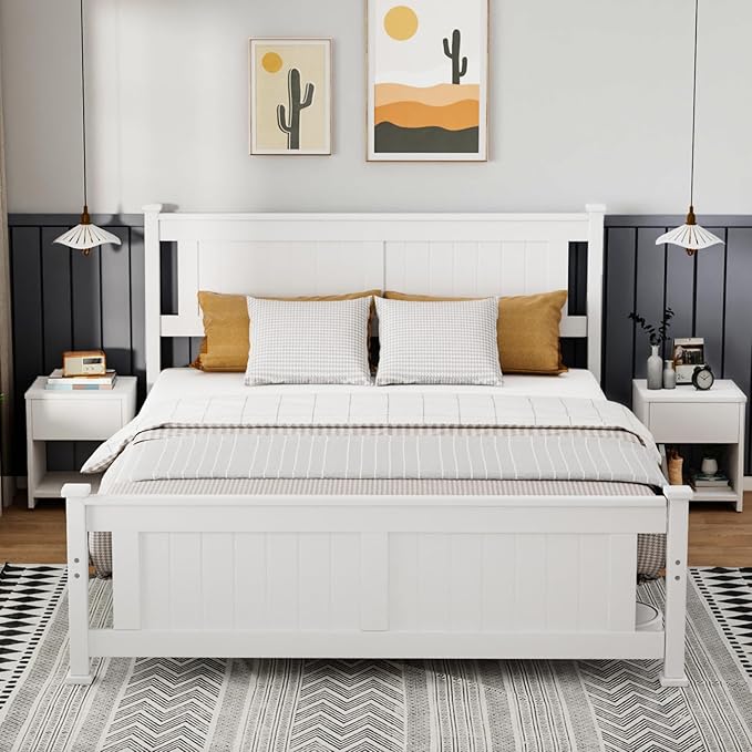 VINGLI Queen Bed Frame with Headboard Wood Platform Panel Bed,Heavy Duty Bed Slat No Box Spring Needed, White