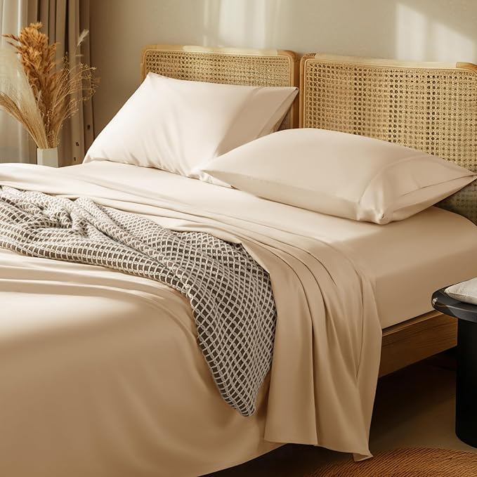 LBRO2M 1000 Thread Count 100% Egyptian Cotton Sheets Set Queen Size, 4 Piece Sets Bed Sheet Deep Pocket Sheet Set 16" Soft Comfortable All Season (Queen, Cream) LBRO2MBedding