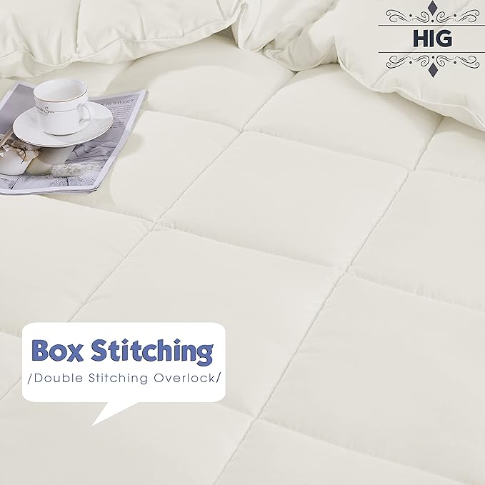 HIG 3pc Down Alternative Comforter Set - All Season Reversible Comforter with Sham - Quilted Duvet Insert with Corner Tabs - Box Stitched - Super Soft, Fluffy (Twin/Twin XL, Ivory)