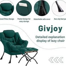 Cozy Lazy Chair and Ottoman, Large Contemporary Accent Lounge Chair Set, Leisure Upholstered Reading Armchair for Bedroom, Living Room, Dorm Rooms, Office