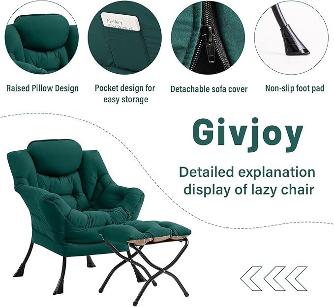 Cozy Lazy Chair and Ottoman, Large Contemporary Accent Lounge Chair Set, Leisure Upholstered Reading Armchair for Bedroom, Living Room, Dorm Rooms, Office