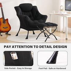 Tiita Lazy Chair with Ottoman, Modern Large Accent Lounge Armchair, Comfy Leisure Sofa Reading Chair with Footrest for Bedroom, Living Room, Dorm Rooms, Garden and Courtyard, Black