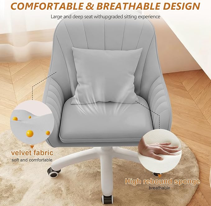 Cute Home Office Chair Velvet Upholstered Desk Chairs with Mid Back Swivel Adjustable Makeup Vanity Computer Chair with Wheels