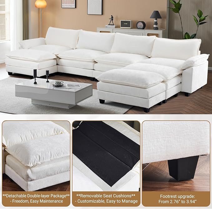 VINGLI 157" Cloud White/Cream Convertible Sectional Sofa, Comfy U-Shape Extra Deep Seat Sofa Couch for Living Room,Modern Chenille 4-Seat Convertible Sofa with 3 Movable Ottomans for Small Space