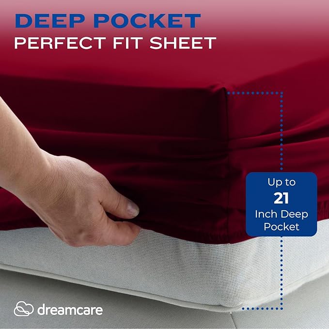 DREAMCARE King Size Sheets Set – 4 pcs Cooling Sheets – up to 21” Deep Pocket King Sheet Set – Hotel Luxury Sheets & Pillowcases – Superior Softness 100% Fine Microfiber with Side Pocket – Burgundy DREAMCARE