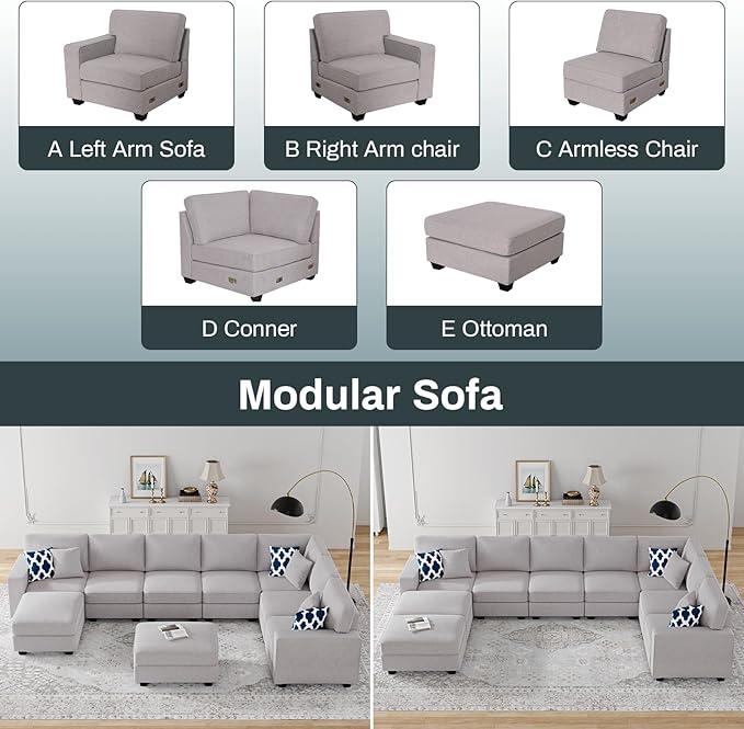 Legend Vansen Modular Sectional Sofa U Shaped Couch with Ottoman Modern Reversible Corner Sectional Couch for Living Room (Light Grey, U Shaped Sofa-5)