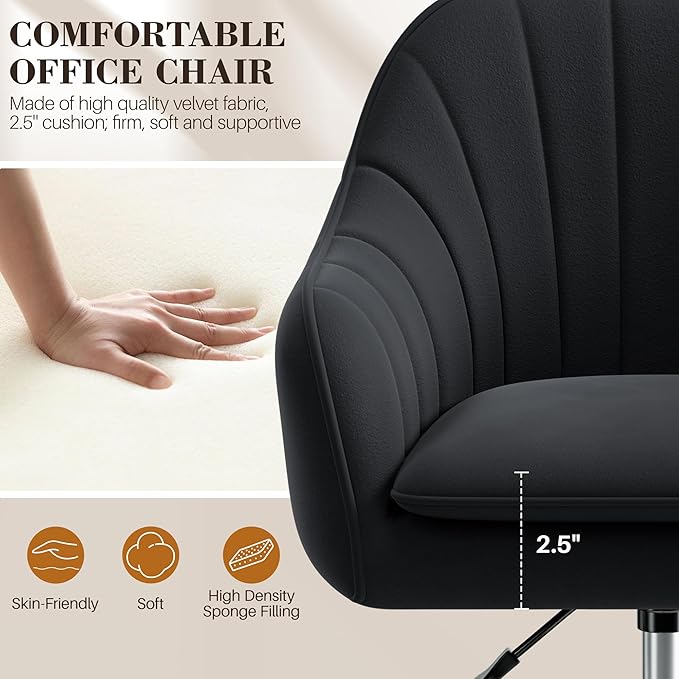 Vanity Chair with Wheels, Comfy Home Office Desk Chairs Adjustable Modern Velvet Makeup Vanity Chairs for Bedroom Living Room-Black