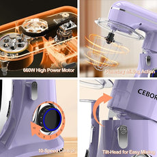 3-IN-1 Electric Stand Mixer, 6.5QT Bowl 660W 10-Speed Kitchen Mixer, Household Food Mixers include Dough Hook, Beater and Whisk, Bread Cake Mixer for Baking and Most Home Cooks, Purple