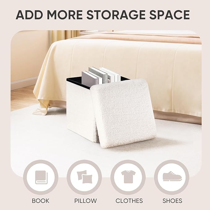 PINPLUS Storage Ottoman Cube Square Shaped Ottomans with Storage Foot Stool Footrest for Lving Room Boucle Ottoman Seat for Dorm Room,Faux Teddy Fur White,15"x15"x15"