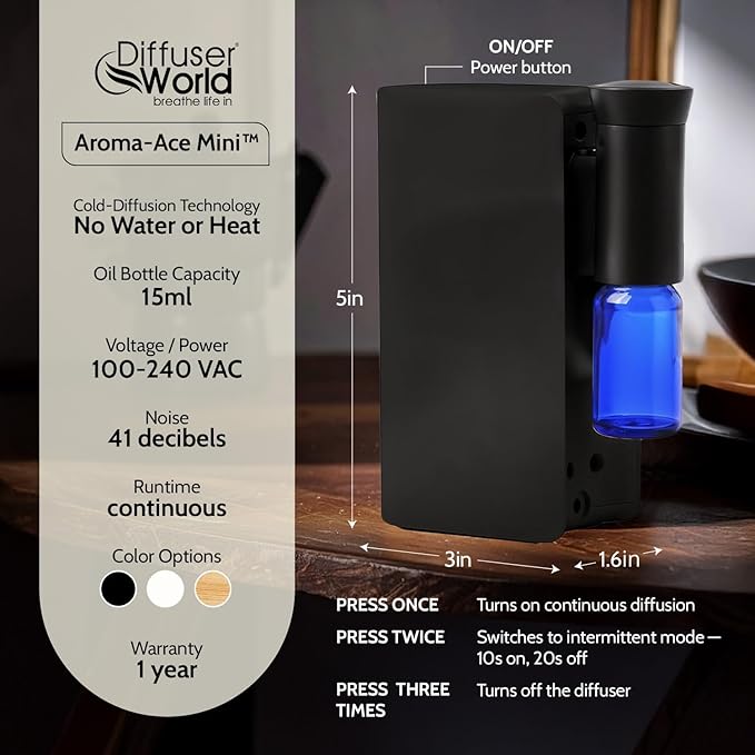 Aroma-Ace Mini Essential Oil Diffuser for Home Scent Diffusers - Portable Waterless Aromatherapy Diffusers with Rechargeable Battery, Nebulizing Atomizer Air Diffuser for Home - Black