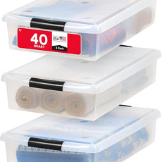 IRIS USA 40 Qt Plastic Under Bed Storage Nestable Organizer Bin Container with Secure Lids and Durable Buckles, 3-Pack, Under Bed Storage Containers for Clothes Shoes Bedding, Black/Clear