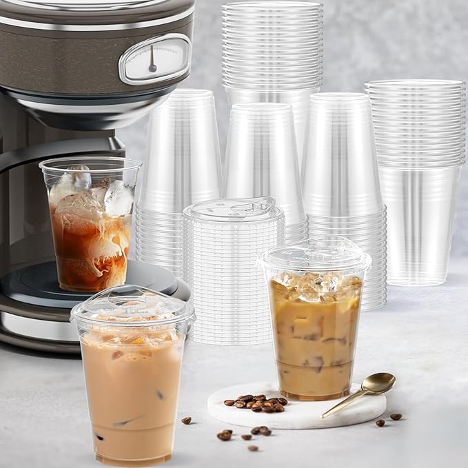 100 Pack - 16 oz Clear Plastic Cups with Lids, Sturdy & Food Safe Iced Coffee Cups with lids, Disposable Plastic Smoothie Cups for Cold Drinks, Sip Lids