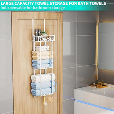 HapiRm Towel Rack Bathroom Storage - 3 Tier Over The Door & Wall Mounted Rolled Towel Racks Holder Organizer with Metal Shelf and 6 Hooks for Small Bathroom, Camper, Rv - White