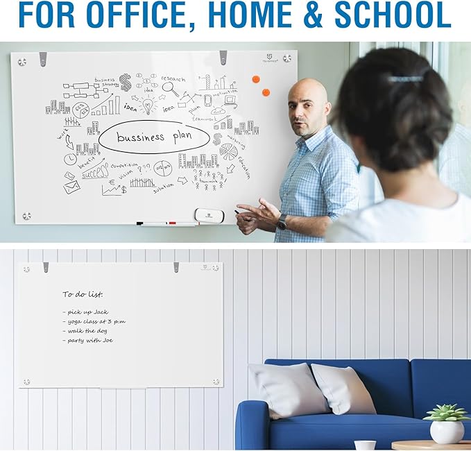 TSJ OFFICE Glass Dry-Erase Board - 48 x 32 Inches Brilliance White Magnetic Glass Whiteboard, Wall Mounted Large Frameless White Board for School, Home & Office