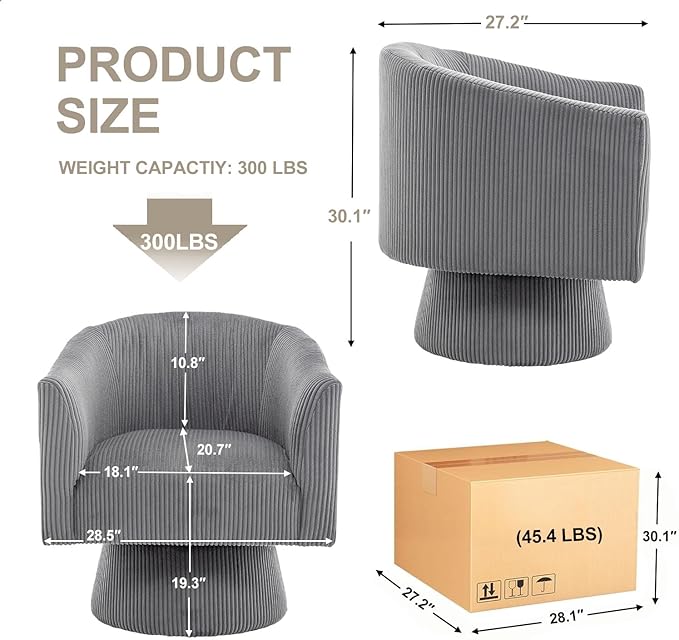 Swivel Accent Chair, Modern 360° Barrel Chair, Corduroy Upholstered Single Sofa for Living Room, Bedroom(Gray)