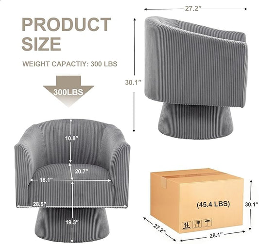 Swivel Accent Chair, Modern 360° Barrel Chair, Corduroy Upholstered Single Sofa for Living Room, Bedroom(Gray)