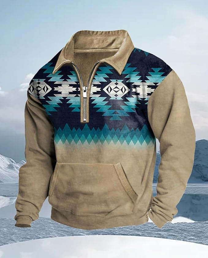 Western Sweatshirts for Men Aztec Cowboy Vintage Graphic Fleece Hoodie Mens Quarter Zip Pullover Country Jacket