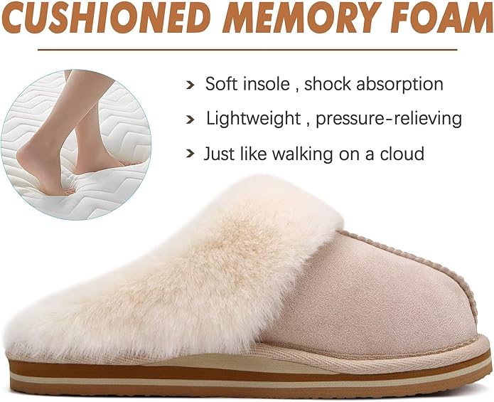 KuaiLu Womens Fluff Dual Memory Foam Slippers Ladies Cozy Arch Support Warm Scuff Slippers Slip on Comfy Winter House Shoes with Non-Slip Indoor Outdoor Hard Sole