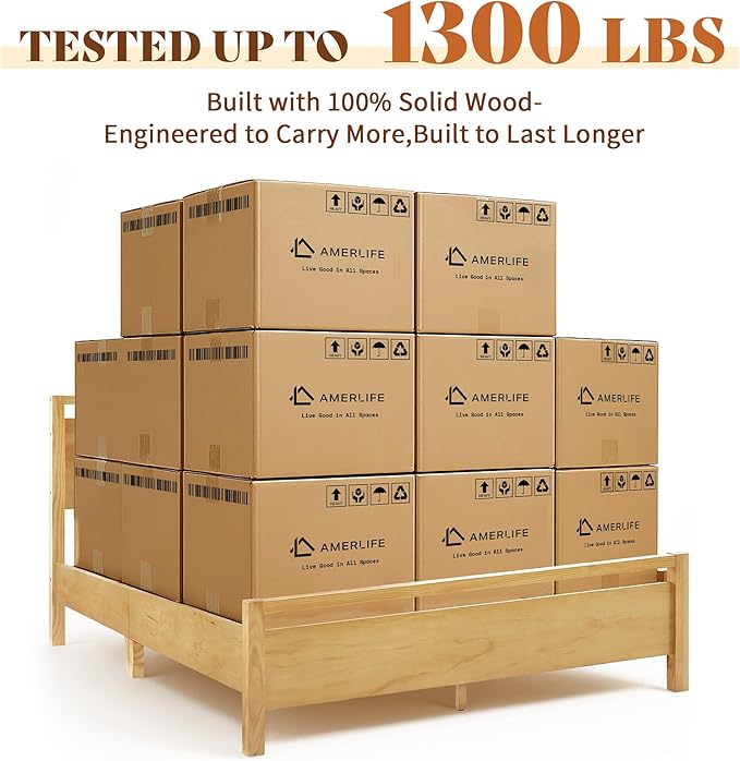 AMERLIFE King Size Solid Wood Bed Frame with Headboard, Minimalist Platform Bed with Wooden Slats Support/No Box Spring Needed/Easy Assembly, Natural