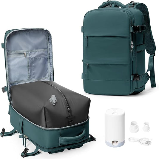 Vacuum Backpack Travel with Electric Vacpack Pump, Vacuum Compression Bags Travel Backpack for Women Men, Flight Approved Waterproof Carry on Backpacks Laptop Work Weekender Daypack, Large, Blue