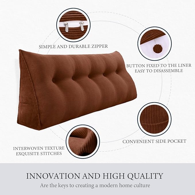 11 lbs Thickened Wedge Pillow Headboard Body Positioner Triangular Reading Pillow Bed Bolster Pillow for Sitting in Bedwith Removable Cover Gift for Mom Backrest Cordury Coffee Queen