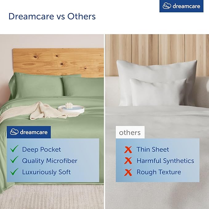 DREAMCARE King Size Sheets Set - Cooling Bed Sheets - 4pcs Set - up to 15" Deep Pocket King Sheet Set – Soft & Long Lasting Cooling - 100% Fine Brushed Microfiber with Side Pocket - Sage Green DREAMCARE
