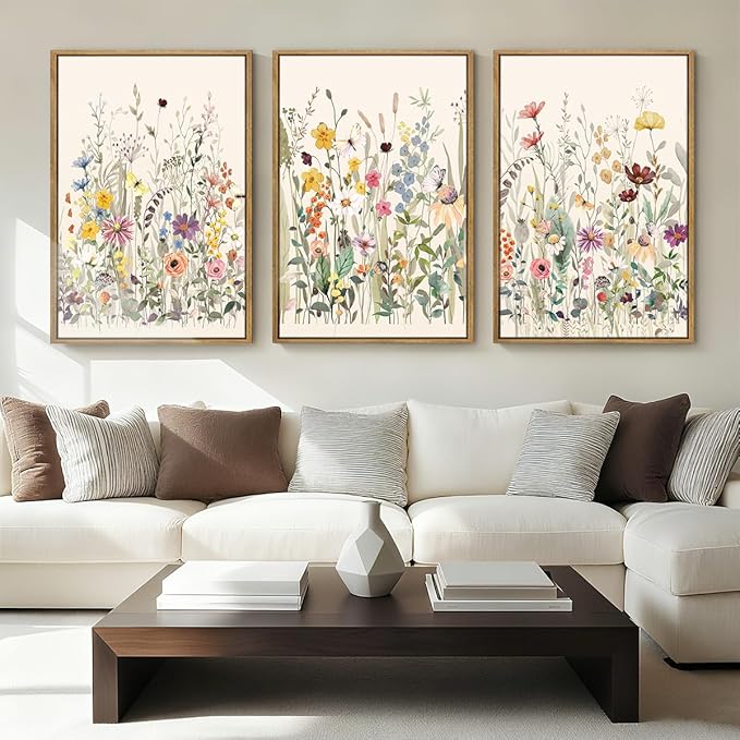 BINCUE Wildflower Wall Art Large Floral Wall Painting Neutral Print Pictures Decor for Living Room Bedroom Bathroom 3 Panel 36x24 Inches