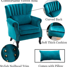 Mid Century Accent Chair Modern Tufted Wingback Armchairs Club Chair Velvet Single Sofa Lounge Chair with Pillow for Living Room, Teal Blue