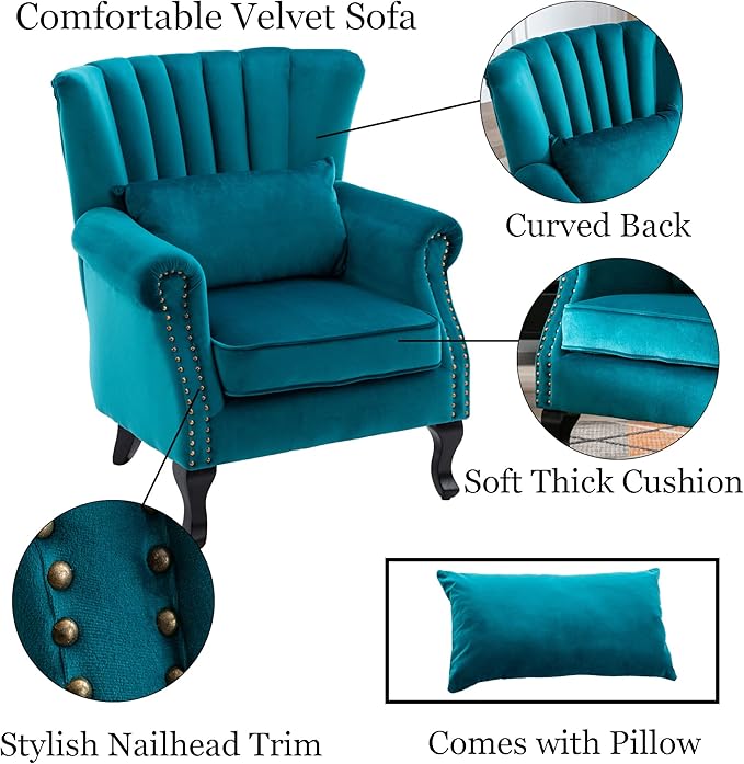 Mid Century Accent Chair Modern Tufted Wingback Armchairs Club Chair Velvet Single Sofa Lounge Chair with Pillow for Living Room, Teal Blue