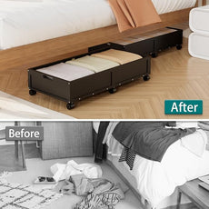 Bamboo Under Bed Storage Containers, Rolling Underbed Organizer with Wheels, Sturdy Under the Bed Shoe Storage Bins, Stackable Underbed Drawers for Bedroom Closet Clothing Toy 2 Packs (Black, Large)