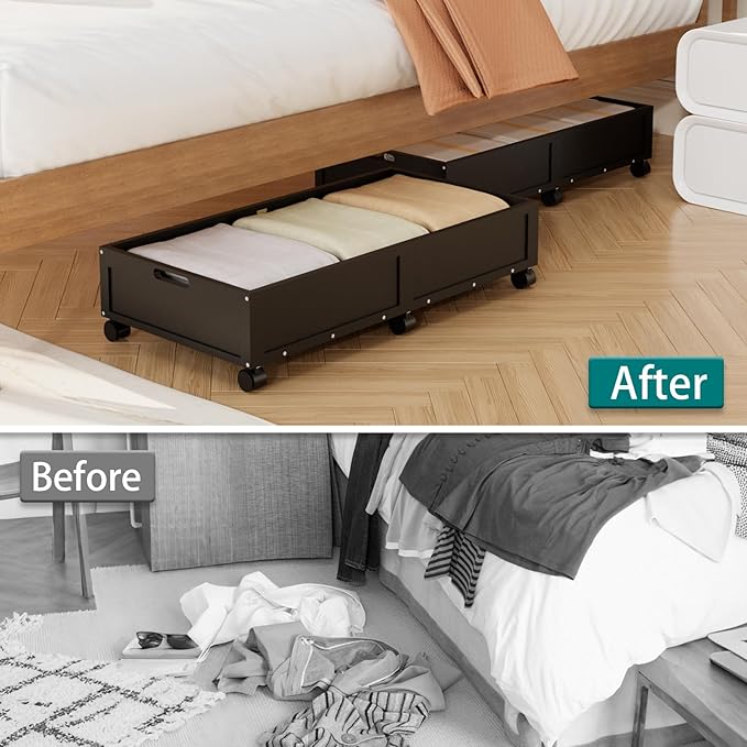 Bamboo Under Bed Storage Containers, Rolling Underbed Organizer with Wheels, Sturdy Under the Bed Shoe Storage Bins, Stackable Underbed Drawers for Bedroom Closet Clothing Toy 2 Packs (Black, Large)