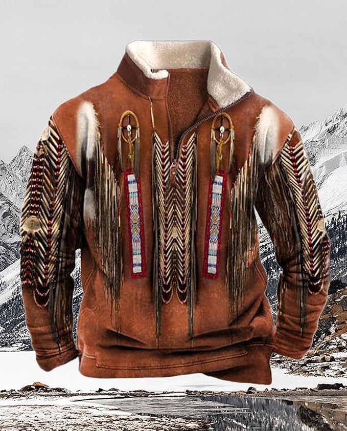 Western Sweatshirts for Men Aztec Cowboy Vintage Graphic Fleece Hoodie Mens Quarter Zip Pullover Country Jacket