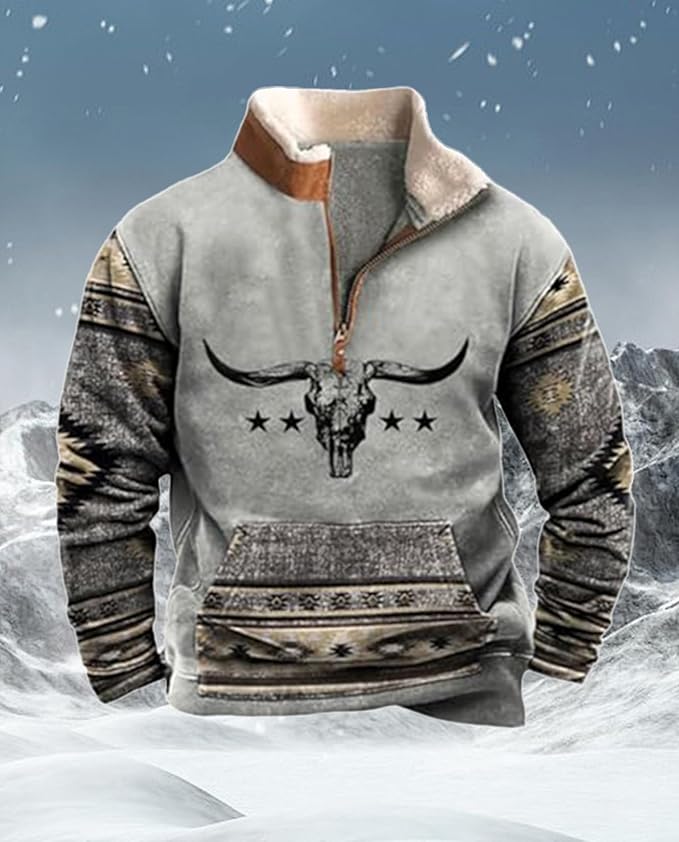Western Sweatshirts for Men Aztec Cowboy Vintage Graphic Fleece Hoodie Mens Quarter Zip Pullover Country Jacket
