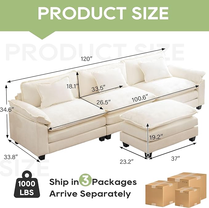 120" Modular Sectional Sofa, Comfy Cloud Couch Sectional Sofa with Ottoman, Chenille Sofa Sleeper Deep Seat Sofa with Throw Pillows for Living Room (Beige White, 120"- L Shape)
