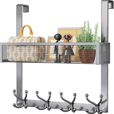Consumest Over The Door Hooks Organizer - Over Door Hanger with 16 Hooks & 2 Baskets for Hanging Coat, Clothing, Towel, Hanging Organizer for Bathroom, Closet, College Dorm, Grey