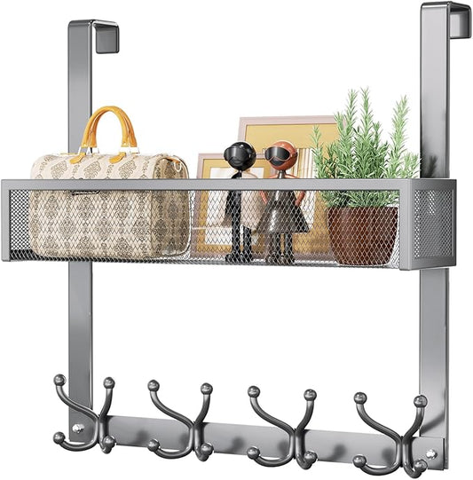 Consumest Over The Door Hooks Organizer - Over Door Hanger with 16 Hooks & 2 Baskets for Hanging Coat, Clothing, Towel, Hanging Organizer for Bathroom, Closet, College Dorm, Grey