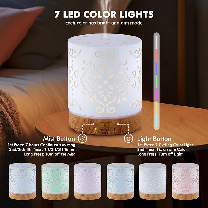 Essential Oil Diffuser for Home - 300ML Metal Aromatherapy Diffuser with Auto Shut-Off Protection & 4 Timers, Ultrasonic Cool Mist Humidifier with 7 Color LED Lights for Large Room, Home Office Décor