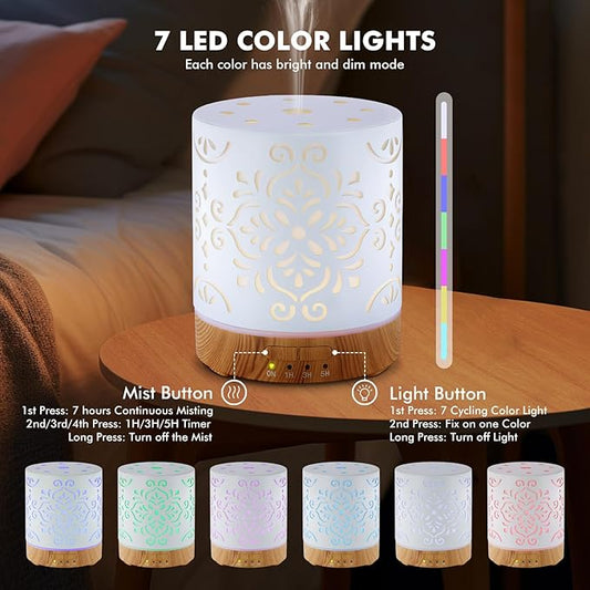 Essential Oil Diffuser for Home - 300ML Metal Aromatherapy Diffuser with Auto Shut-Off Protection & 4 Timers, Ultrasonic Cool Mist Humidifier with 7 Color LED Lights for Large Room, Home Office Décor