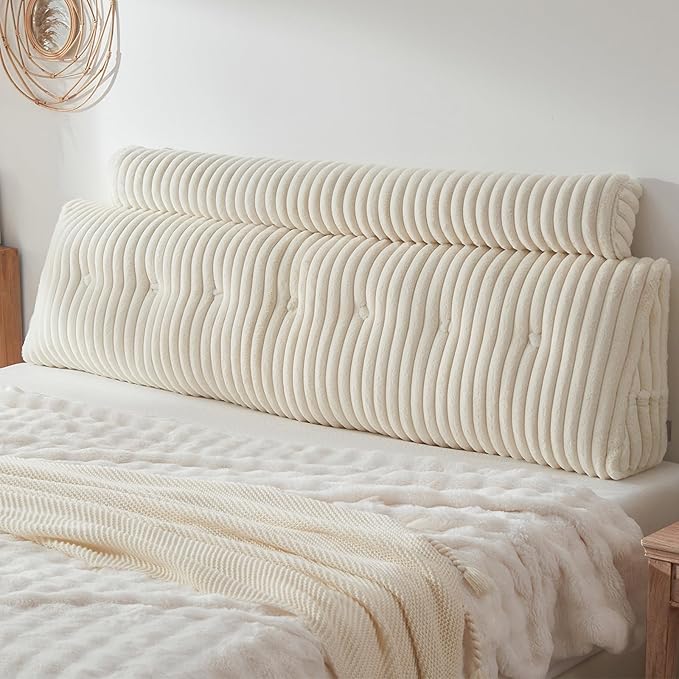 Headboard Pillow + A Long Neck Roll Pillow Body Pillow，Faux Fur Headboard Wedge Pillow with Removable Cover (Beige, King：76x8x20 inches)