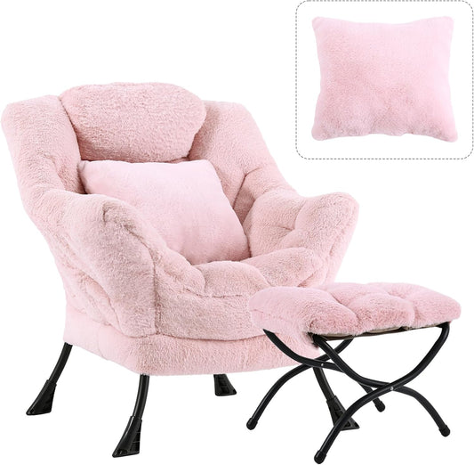 Lazy Chair with Ottoman, Large Pink Accent Chair with Ottoman and FA Throw Pillow, Comfy Plush Reading Chair for Living Room Bedroom Dorm Room Office Apartment Relaxing Use Dormly