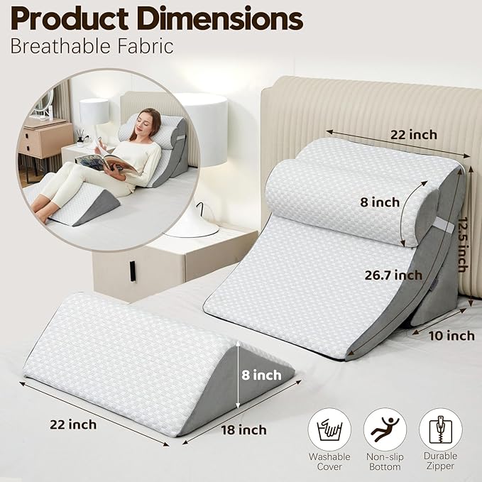 4pcs Wedge Pillow Set for After Surgery,Bed Wedge Pillows for Sleeping,Post Surgery Recovery， 45 Degree Wedge Pillow for Acid Reflux Relief and Anti-snoring，