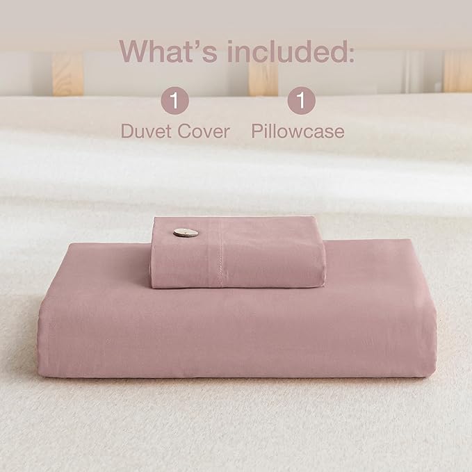 JELLYMONI Cotton Duvet Cover Twin Size - Pink Comforter Cover with Button 100% Washed Cotton 2PCS Breathable Soft Solid Bedding Set Duvet Cover 68×90in & 1 Pillowcase (NO Comforter)