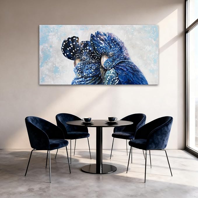 YETHEN WAL Blue Parrot Wall Art, Extra-Large Blue Bird Canvas Print, Cobalt Textured Animal Artwork for Living Room Bedroom Hallway, 24×48 Inch