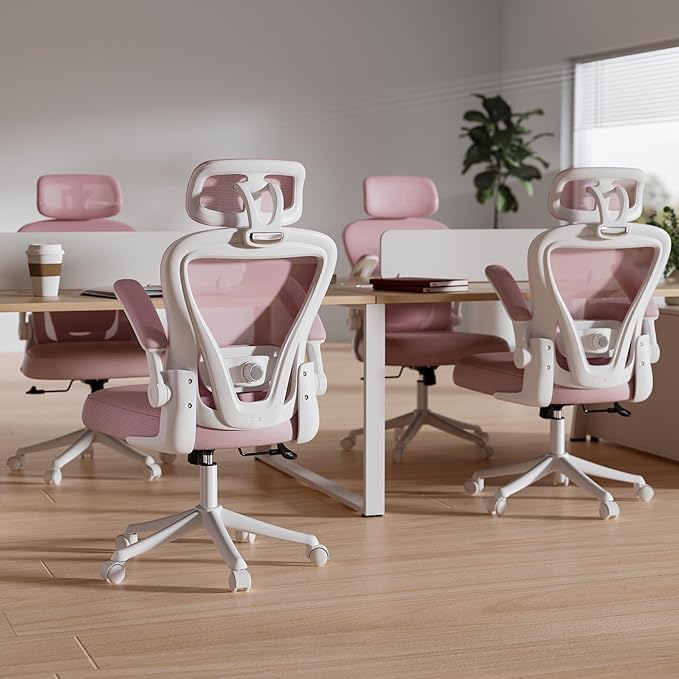 Ergonomic Office Chair M903, Computer Desk Chair with Wheels, High Back Mesh Office Chair with Adjustable Lumbar Support, Headrest, Flip-Up Armrests, Pink
