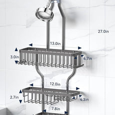 YASONIC Shower Caddy Hanging - Never Rust Organizer - Aluminum over The head caddy with 10 Hooks for Razor/Sponge - Shower Rack with Soap Basket - Grey