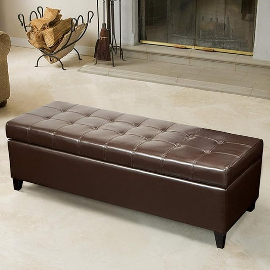 Homebeez 51" Faux Leather Storage Ottoman Bench Tufted Rectangular Footstool with Wood Legs (Brown)