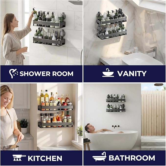 ONXE Shower Caddy Suction Cup,2 Pack Suction Shower Organizer,No Drilling Rustproof Shelves for Bathroom,Kitchen,Home Decor,Heavy Duty Bathroom Organizer with Large Capacity (11.8 inch-No bar)