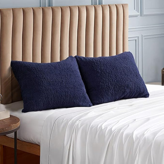Reafort Ultra Soft Sherpa Pillowcases Pillow Covers Standard Size 20"x26" Pack of 2 with Zipper Closure (Navy, 20”x26” Standard Sham)